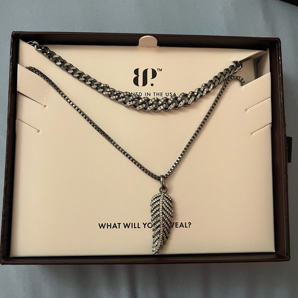BP LUXE LAYERS 2023 Silver Feather Pendant Necklace and Chain Set born to fly